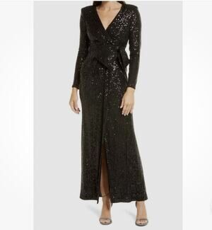 Eliza J Black Sequin Wrap Maxi Dress Size 4 NWT